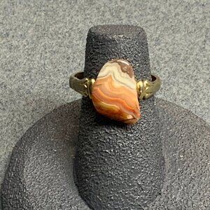 Banded Agate Adjustable Ring Size 5 Up Organic Shaped Gold Retro Vintage Elegant